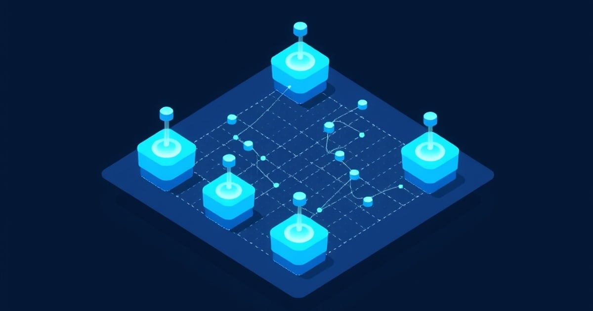 Flat isometric illustration of five glowing cyan hexagonal blocks with pin posts on a blue slab linked by dashed circuit traces and small nodes.