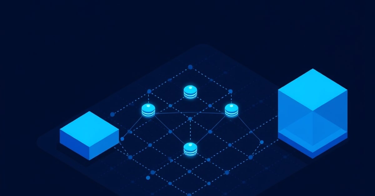 Isometric dotted grid holding four glowing stacked-disc nodes linked in a diamond between two solid blue blocks, representing model performance signals tracked across a production serving pipeline