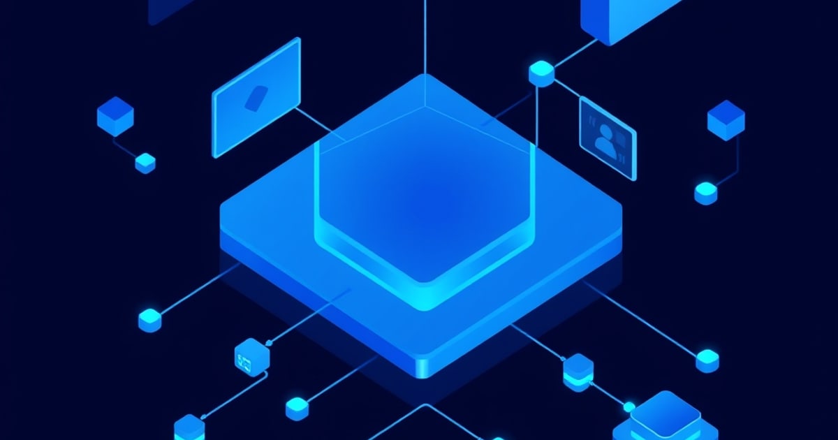 Flat isometric illustration of a large glowing blue slab surrounded by floating panels with person and tag icons and small cubes on thin link lines.