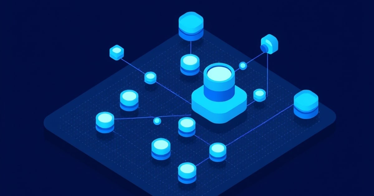 Flat isometric illustration of a large cyan cylinder on a blue platform surrounded by a dozen smaller glowing discs joined by thin link lines.