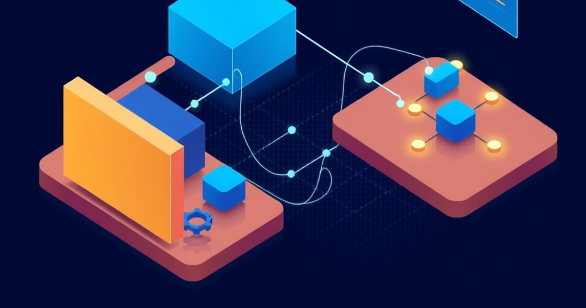 Flat isometric illustration of two coral platforms linked by white cables, one holding an orange panel, blue block and cog, the other blue cubes and gold discs.